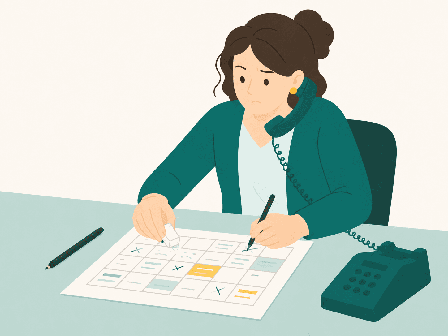 電話対応に追われる先生のイラスト