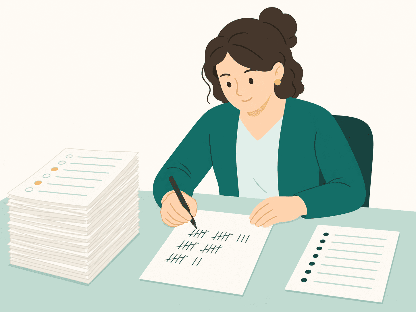 紙の希望調査に追われる先生のイラスト